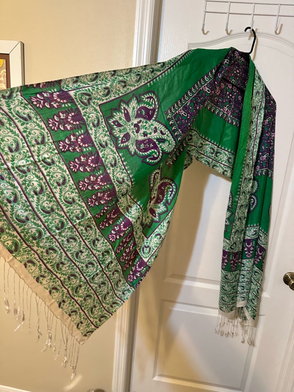 Boho Green & Purple Paisley Pashmina Scarf with Tassel Fringe